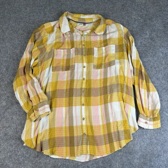 Anthropologie Pilcro Top 1X Relaxed Mustard Oversized Button-Down Plaid Shirt - Picture 1 of 9